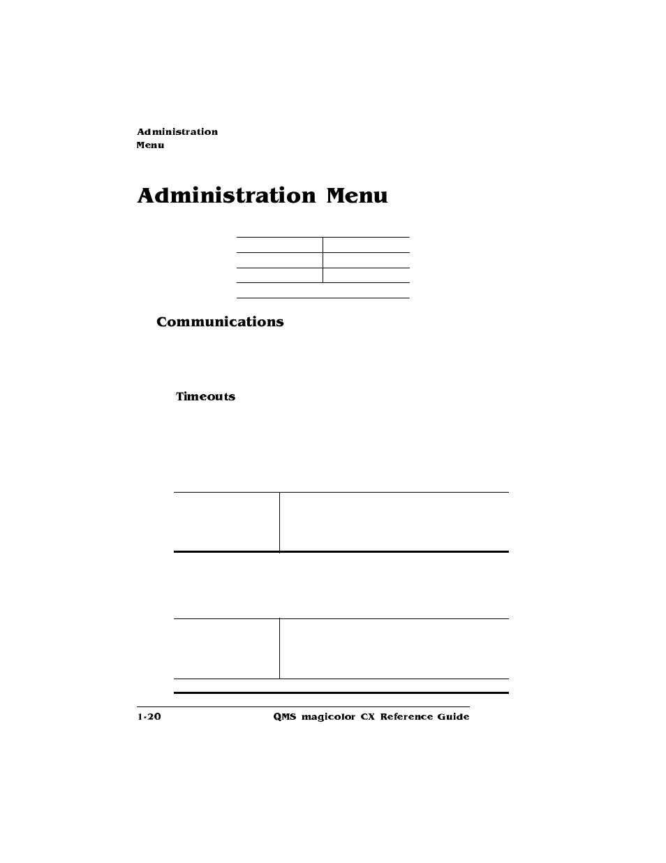 Administration menu, Communications, Timeouts | Konica Minolta QMS magicolor CX Reference User Manual | Page 28 / 202