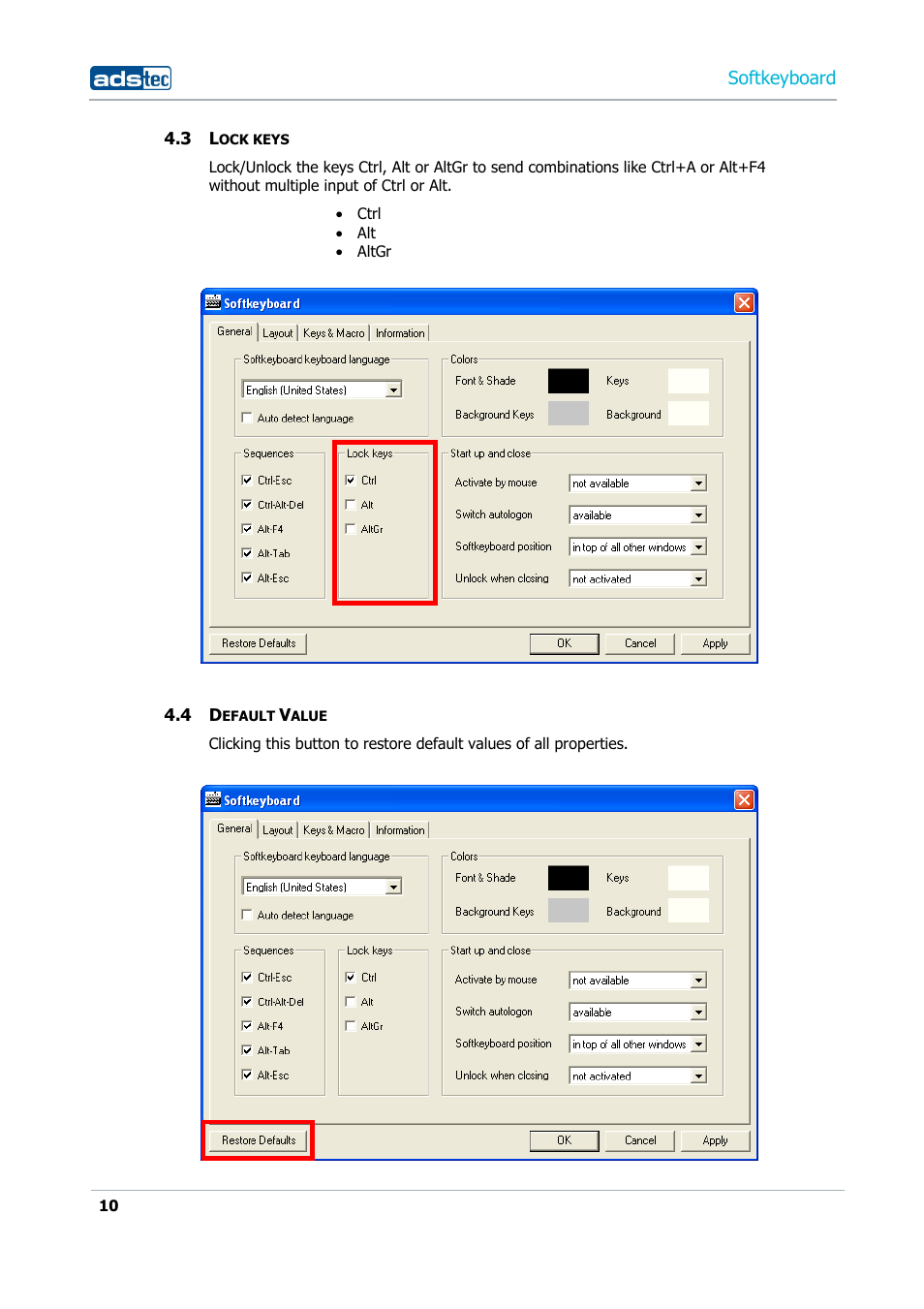 3 lock keys, 4 default value, Softkeyboard | ADS-TEC Softkeyboard User Manual | Page 10 / 41