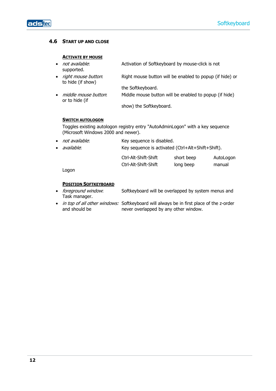 6 start up and close, Softkeyboard | ADS-TEC Softkeyboard User Manual | Page 12 / 41