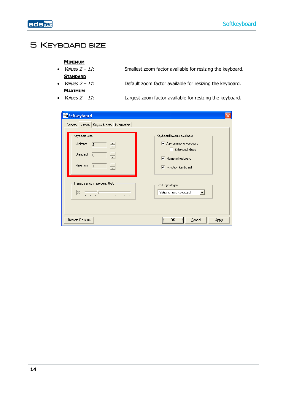 5 keyboard size, Eyboard size | ADS-TEC Softkeyboard User Manual | Page 14 / 41