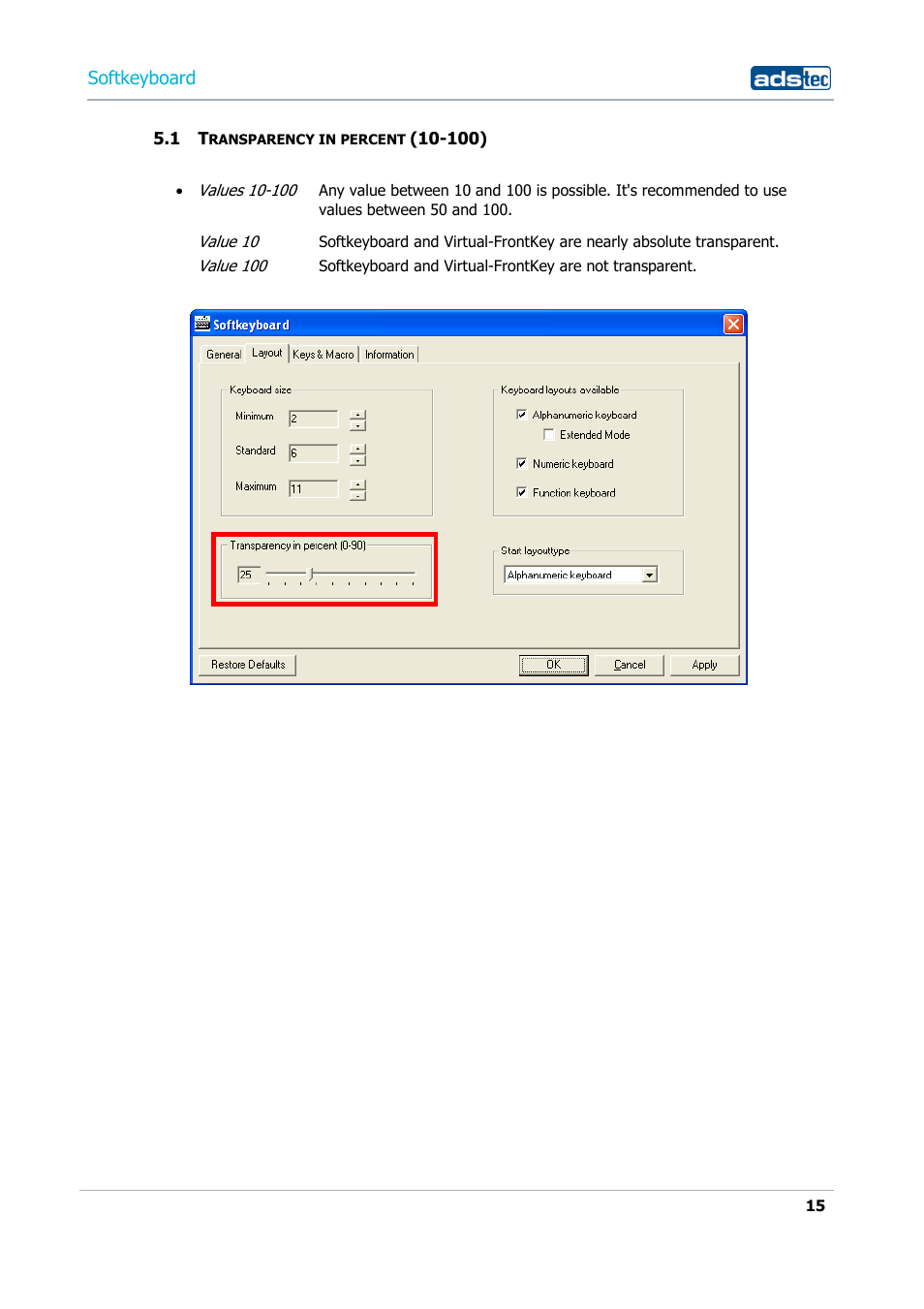 1 transparency in percent (10-100) | ADS-TEC Softkeyboard User Manual | Page 15 / 41