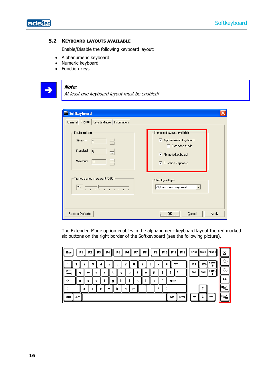 2 keyboard layouts available, Softkeyboard | ADS-TEC Softkeyboard User Manual | Page 16 / 41