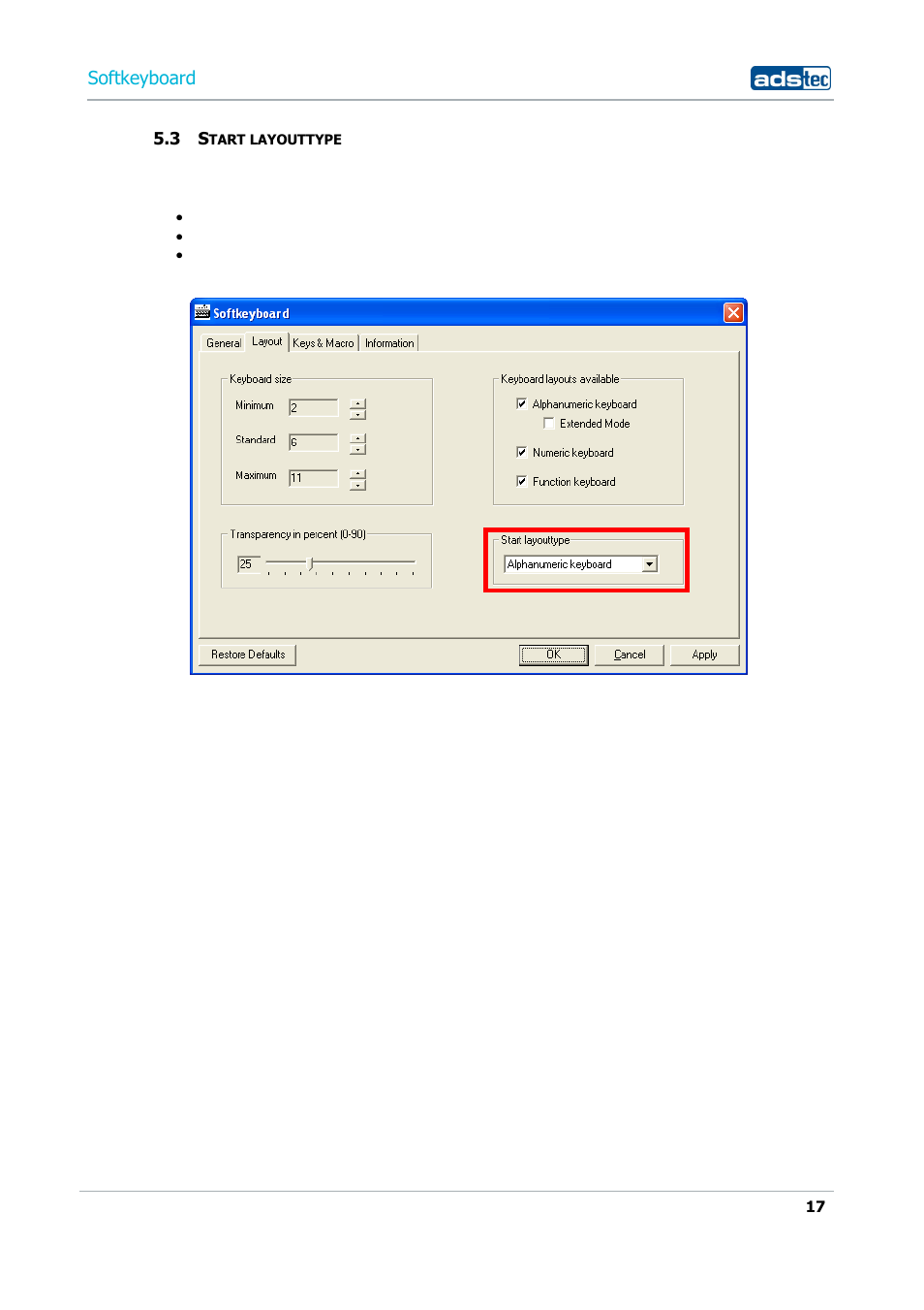 3 start layouttype | ADS-TEC Softkeyboard User Manual | Page 17 / 41