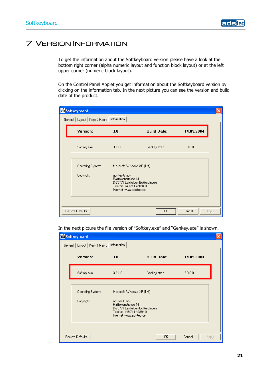 7 version information | ADS-TEC Softkeyboard User Manual | Page 21 / 41