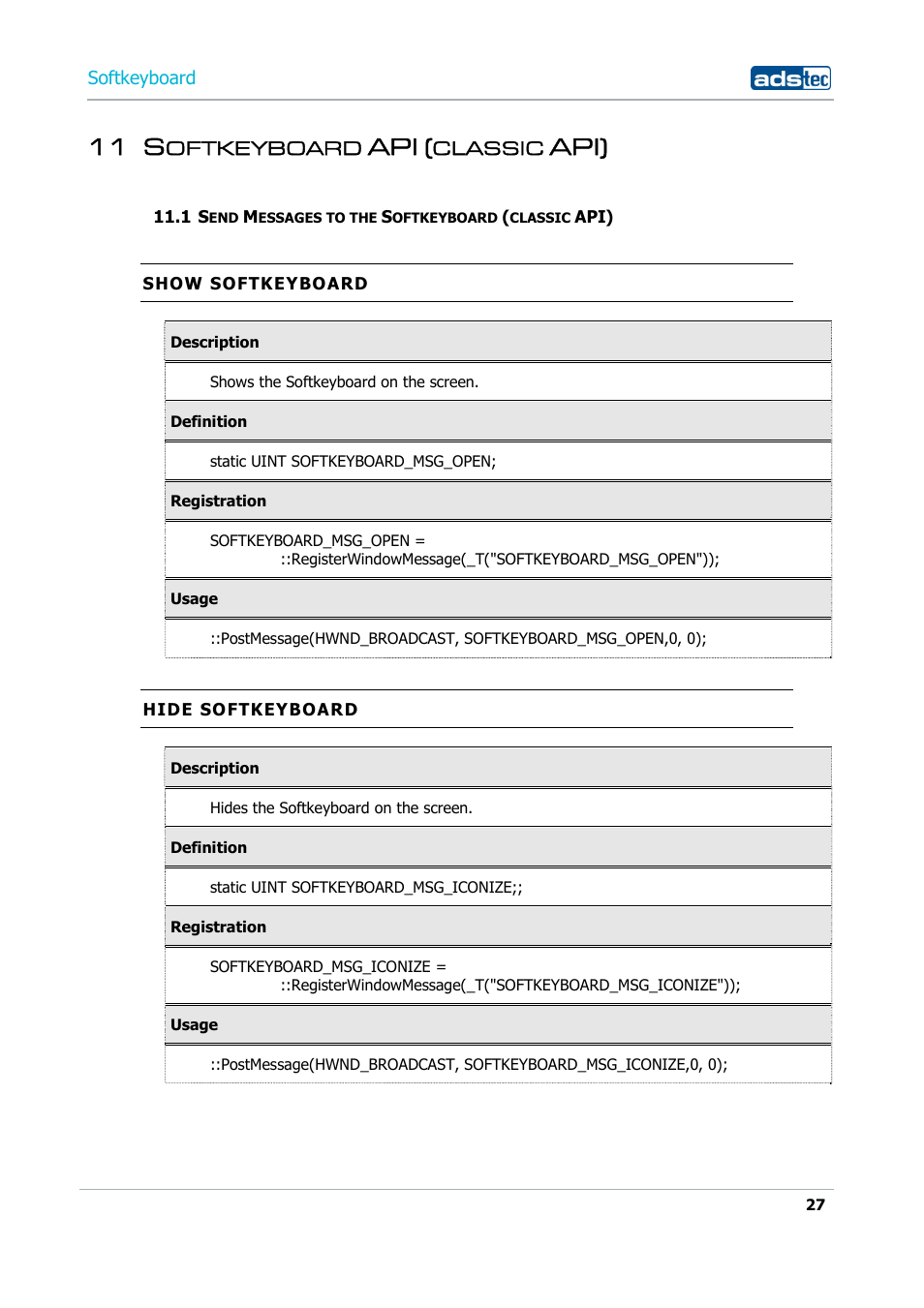 11 softkeyboard api (classic api), 1 send messages to the softkeyboard (classic api), 11 s | Api) | ADS-TEC Softkeyboard User Manual | Page 27 / 41