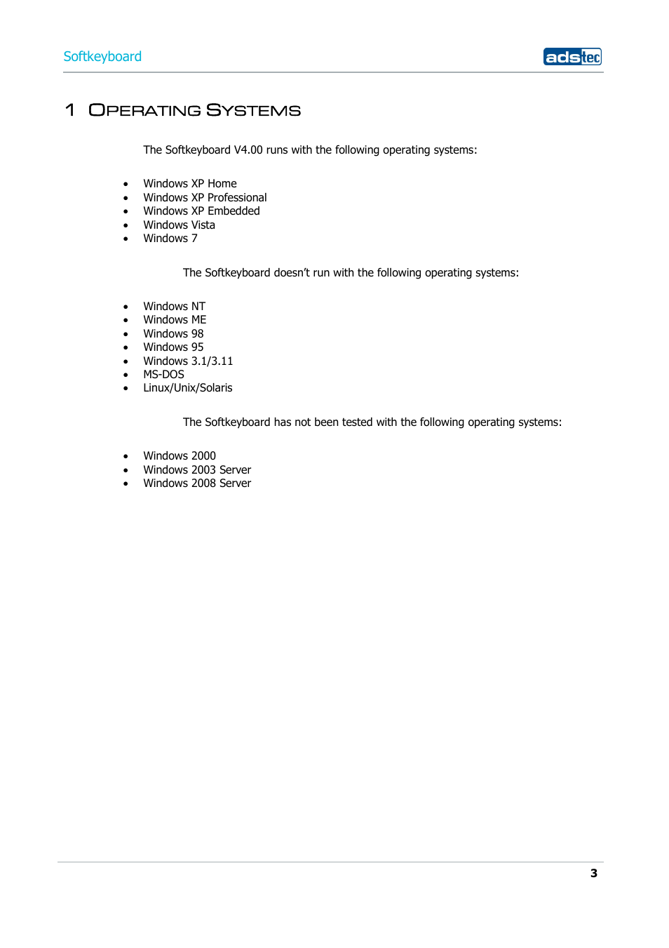 1 operating systems, Perating, Ystems | ADS-TEC Softkeyboard User Manual | Page 3 / 41