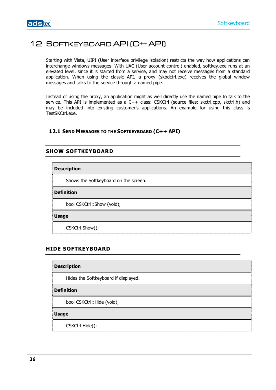 12 softkeyboard api (c++ api), 1 send messages to the softkeyboard (c++ api), 12 s | Api) | ADS-TEC Softkeyboard User Manual | Page 36 / 41