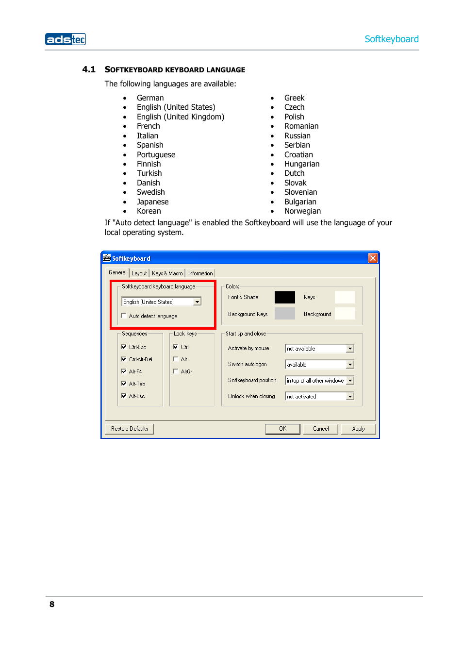 1 softkeyboard keyboard language, Softkeyboard | ADS-TEC Softkeyboard User Manual | Page 8 / 41