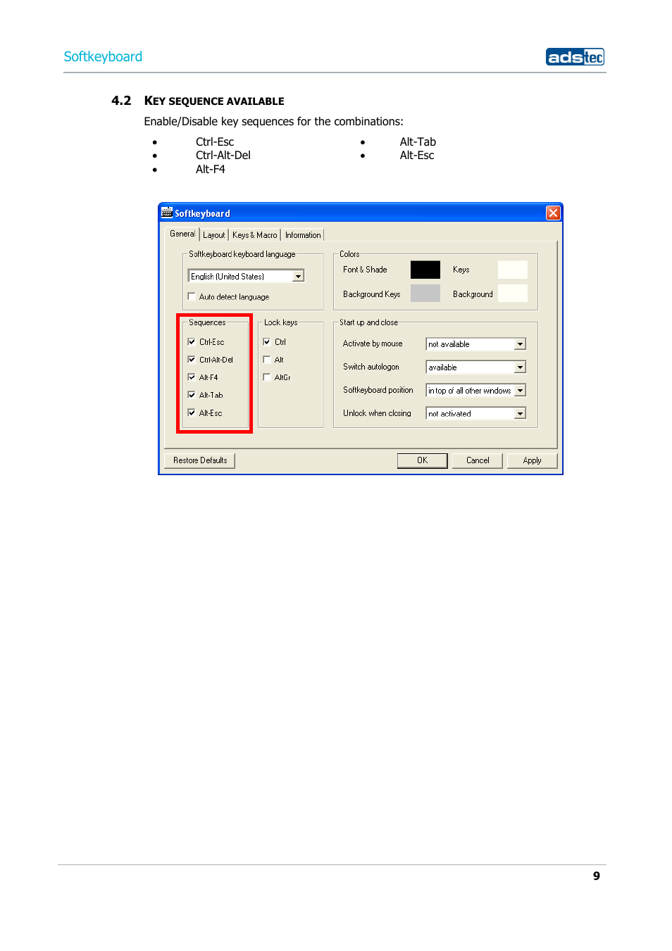 2 key sequence available, Softkeyboard | ADS-TEC Softkeyboard User Manual | Page 9 / 41