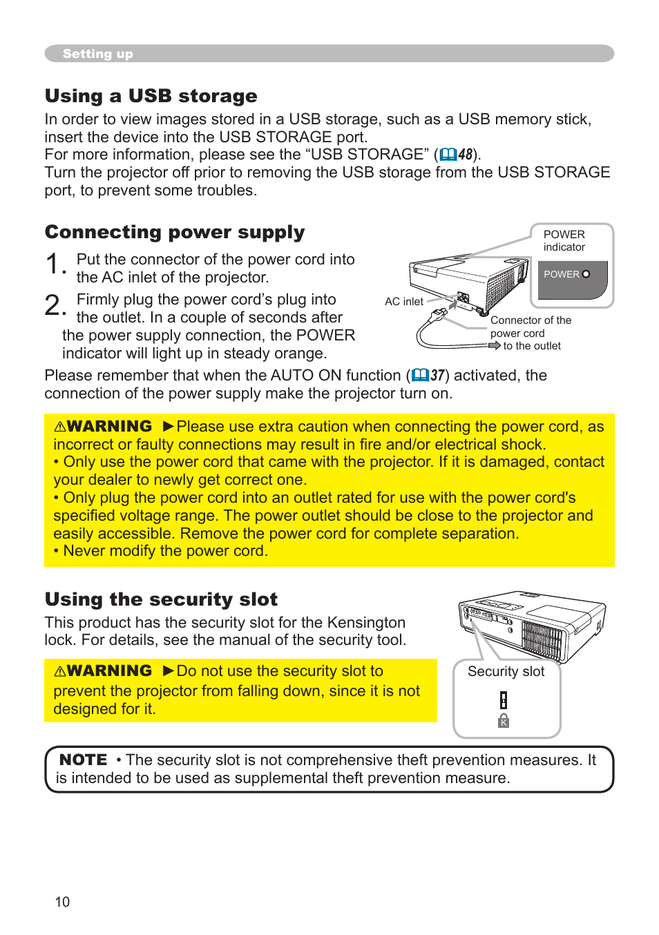 Using a usb storage, Connecting power supply, Using the security slot | Hitachi CPX1 User Manual | Page 10 / 66