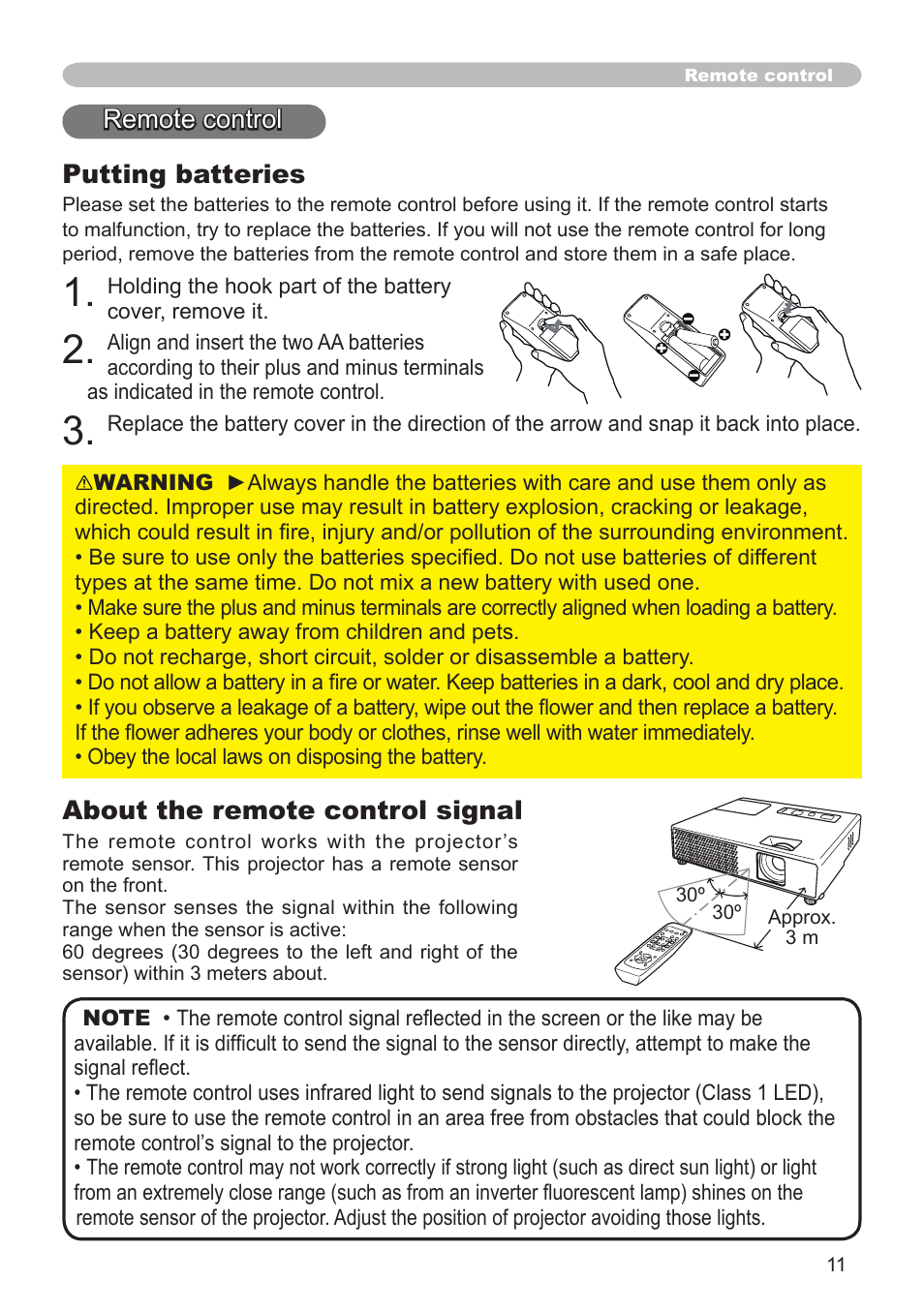 Putting batteries, Remote control, About the remote control signal | Hitachi CPX1 User Manual | Page 11 / 66