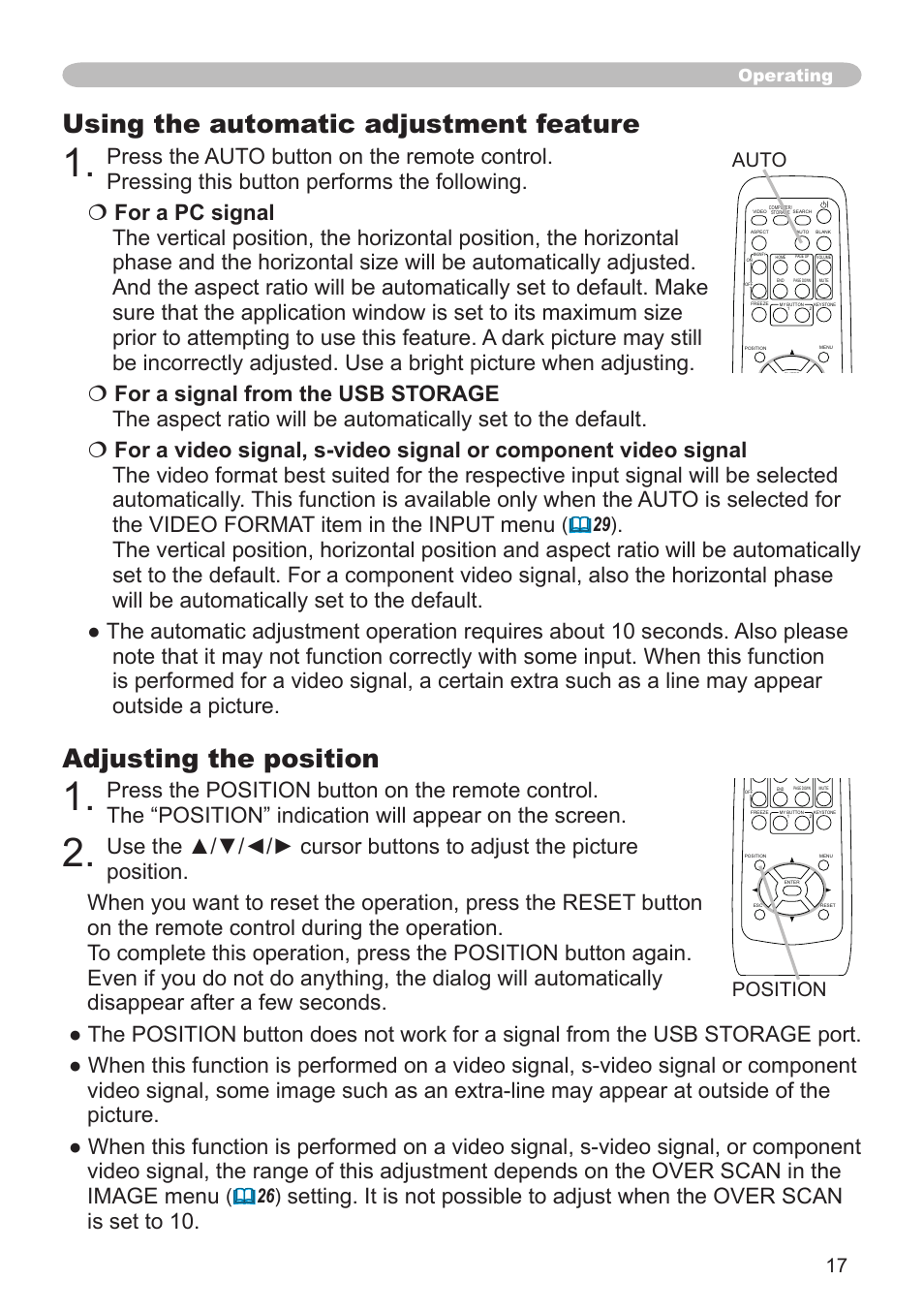 Adjusting the position, Using the automatic adjustment feature, Auto | Position, Operating | Hitachi CPX1 User Manual | Page 17 / 66