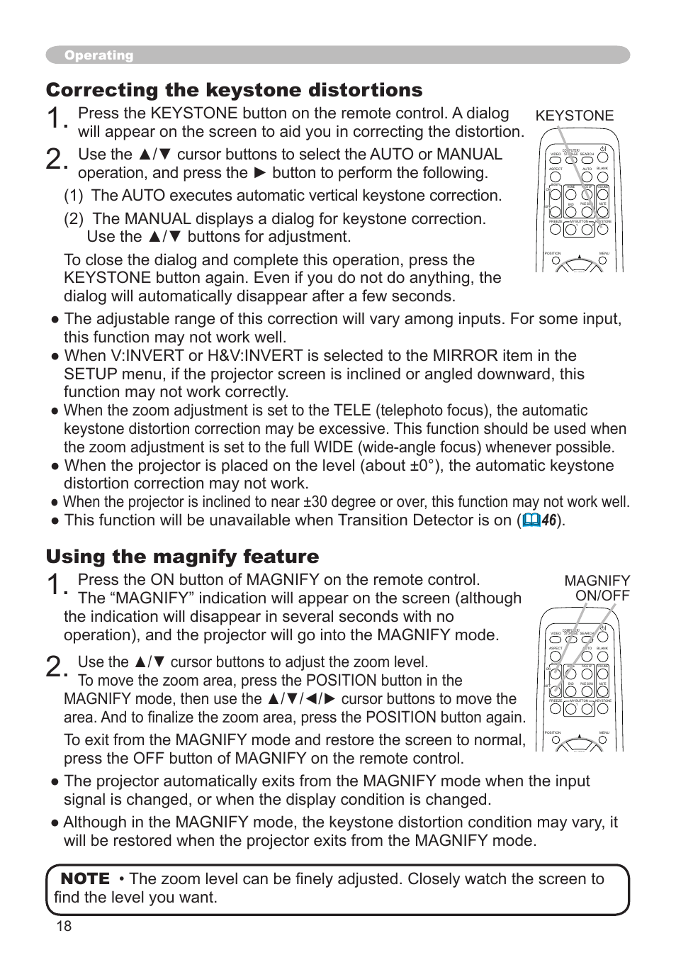 Using the magnify feature, Correcting the keystone distortions, Keystone | Magnify on/off, Operating | Hitachi CPX1 User Manual | Page 18 / 66