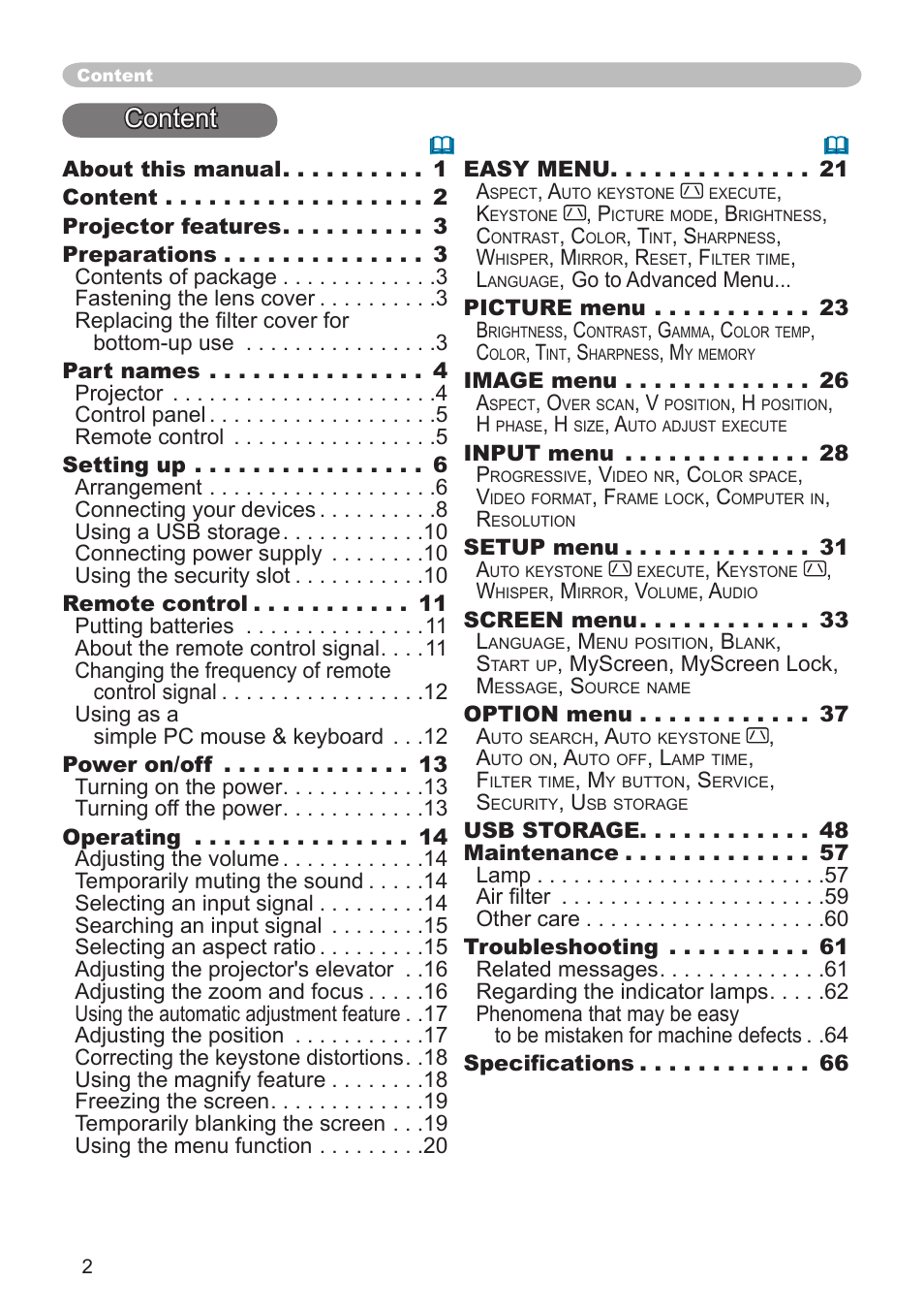 Content | Hitachi CPX1 User Manual | Page 2 / 66