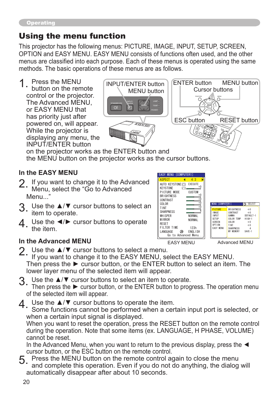 Using the menu function, Input/enter button menu button, Esc button | Operating | Hitachi CPX1 User Manual | Page 20 / 66