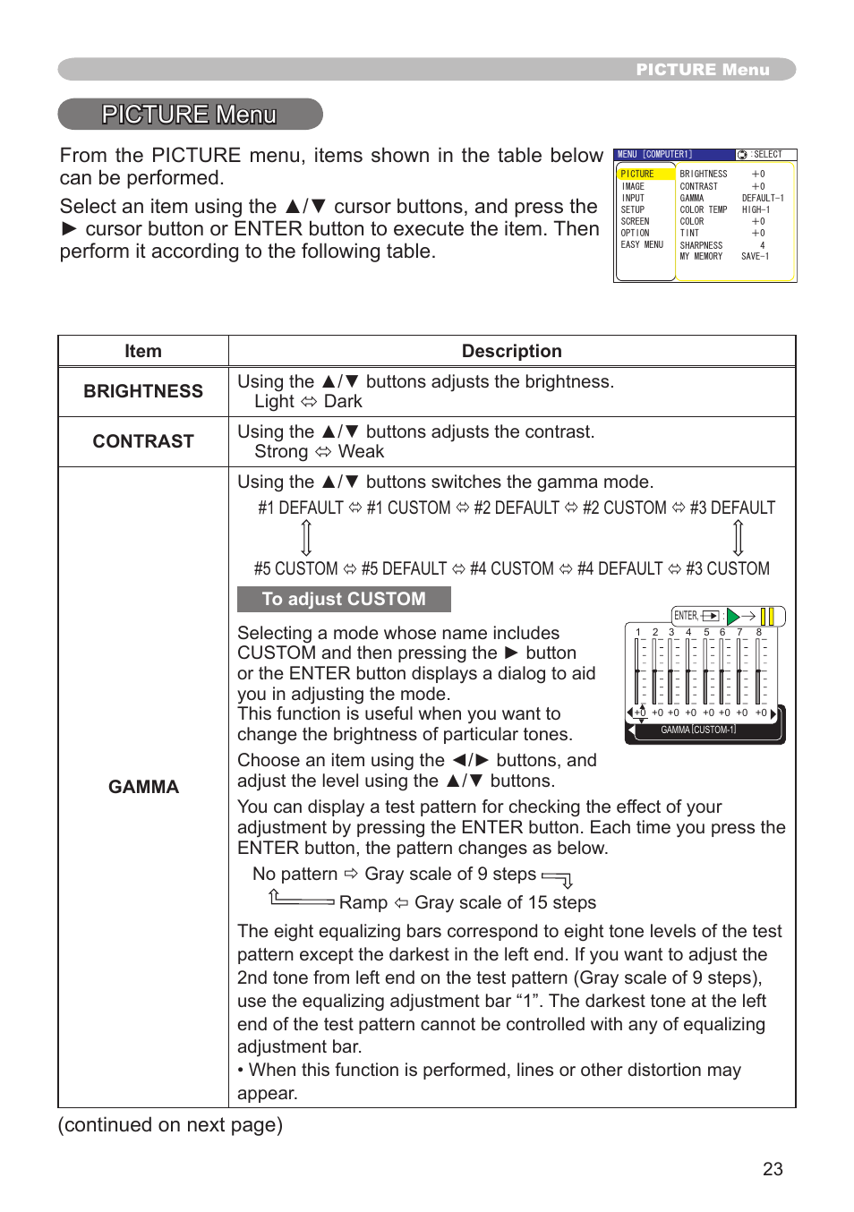 Picture menu, Continued on next page) | Hitachi CPX1 User Manual | Page 23 / 66