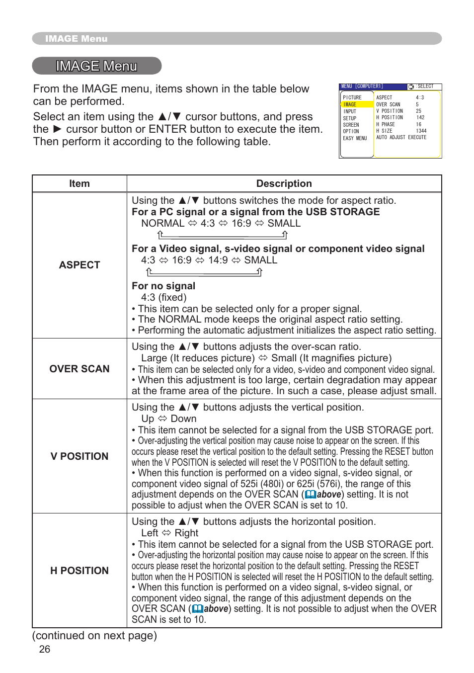 Image menu, Continued on next page) | Hitachi CPX1 User Manual | Page 26 / 66