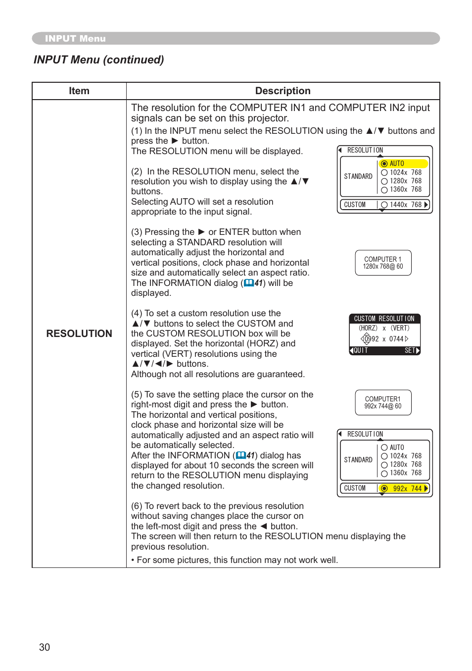 Input menu (continued) | Hitachi CPX1 User Manual | Page 30 / 66