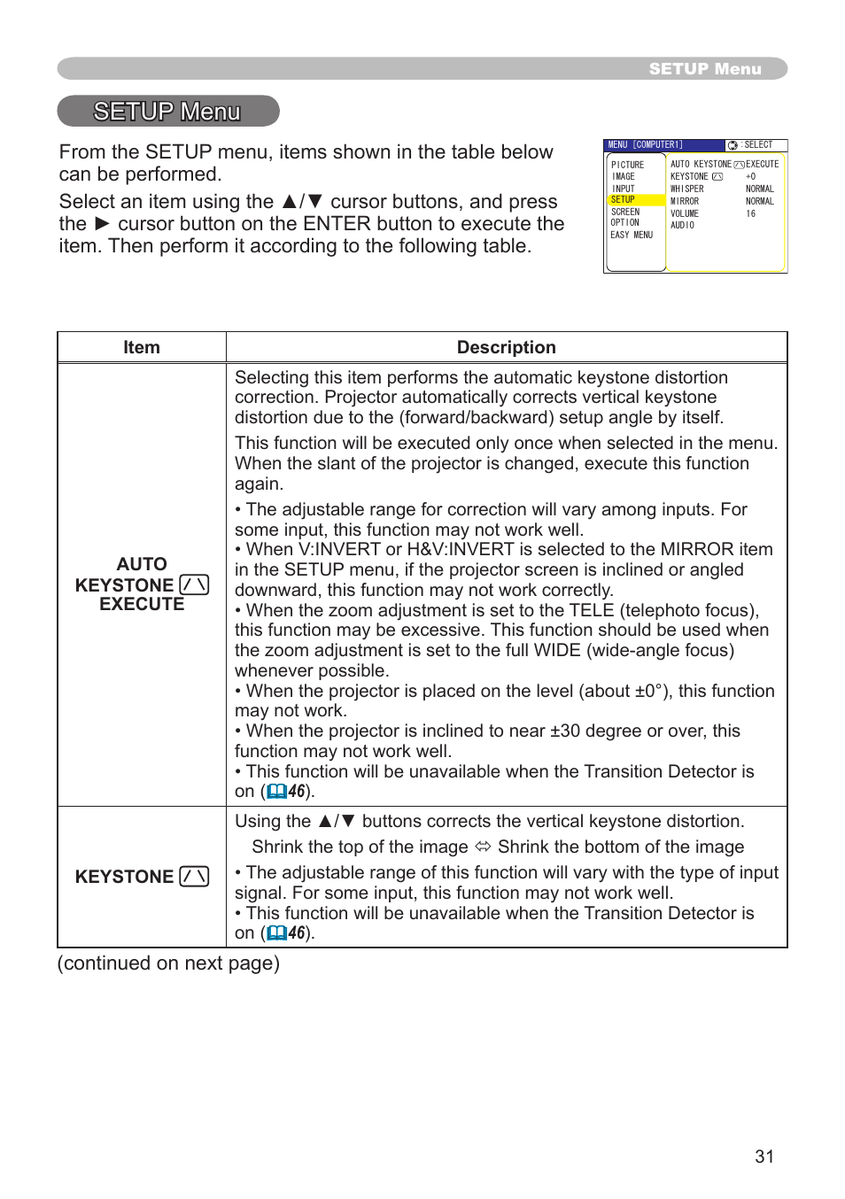 Setup menu, Continued on next page) | Hitachi CPX1 User Manual | Page 31 / 66