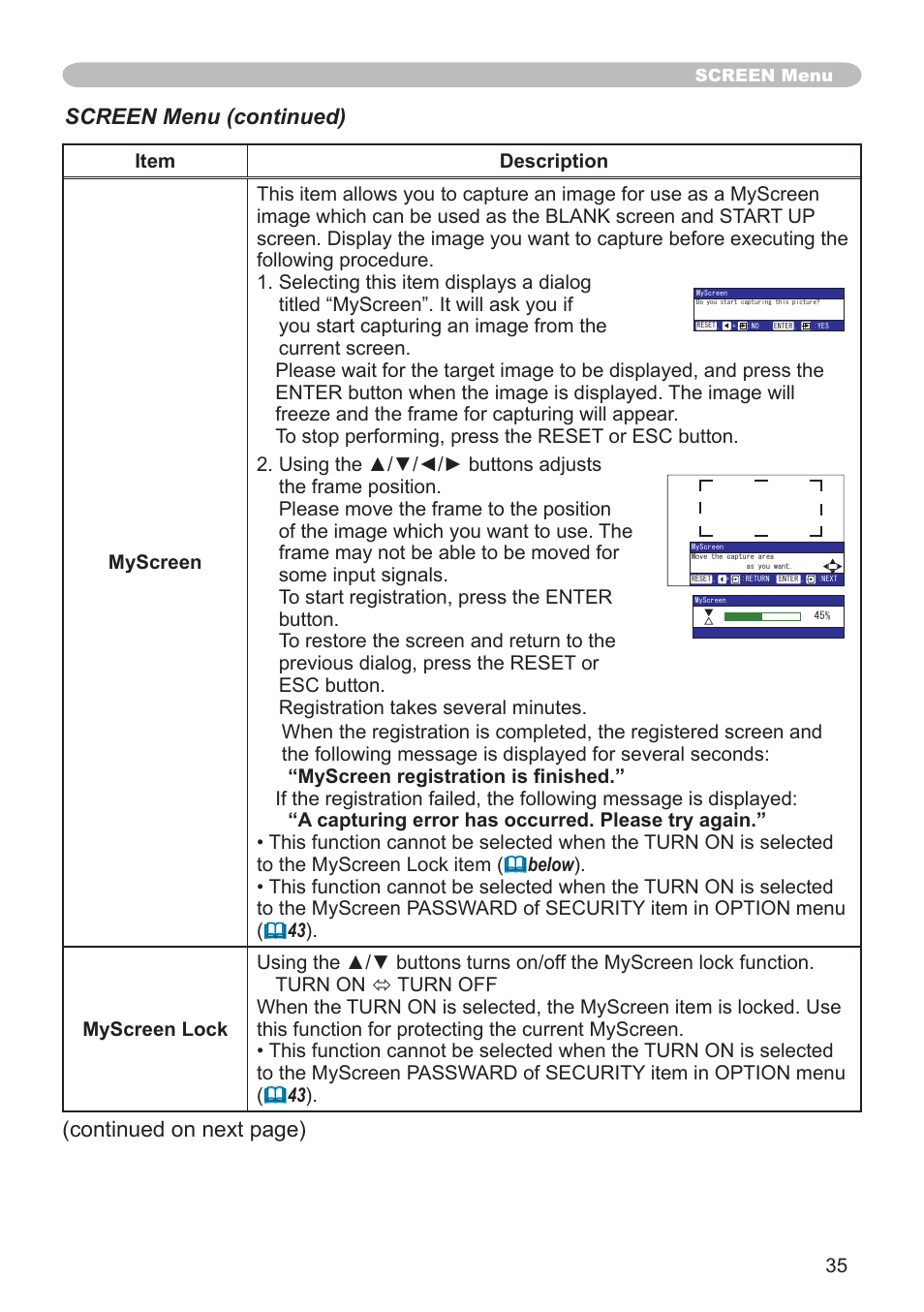 Screen menu (continued), Continued on next page) | Hitachi CPX1 User Manual | Page 35 / 66