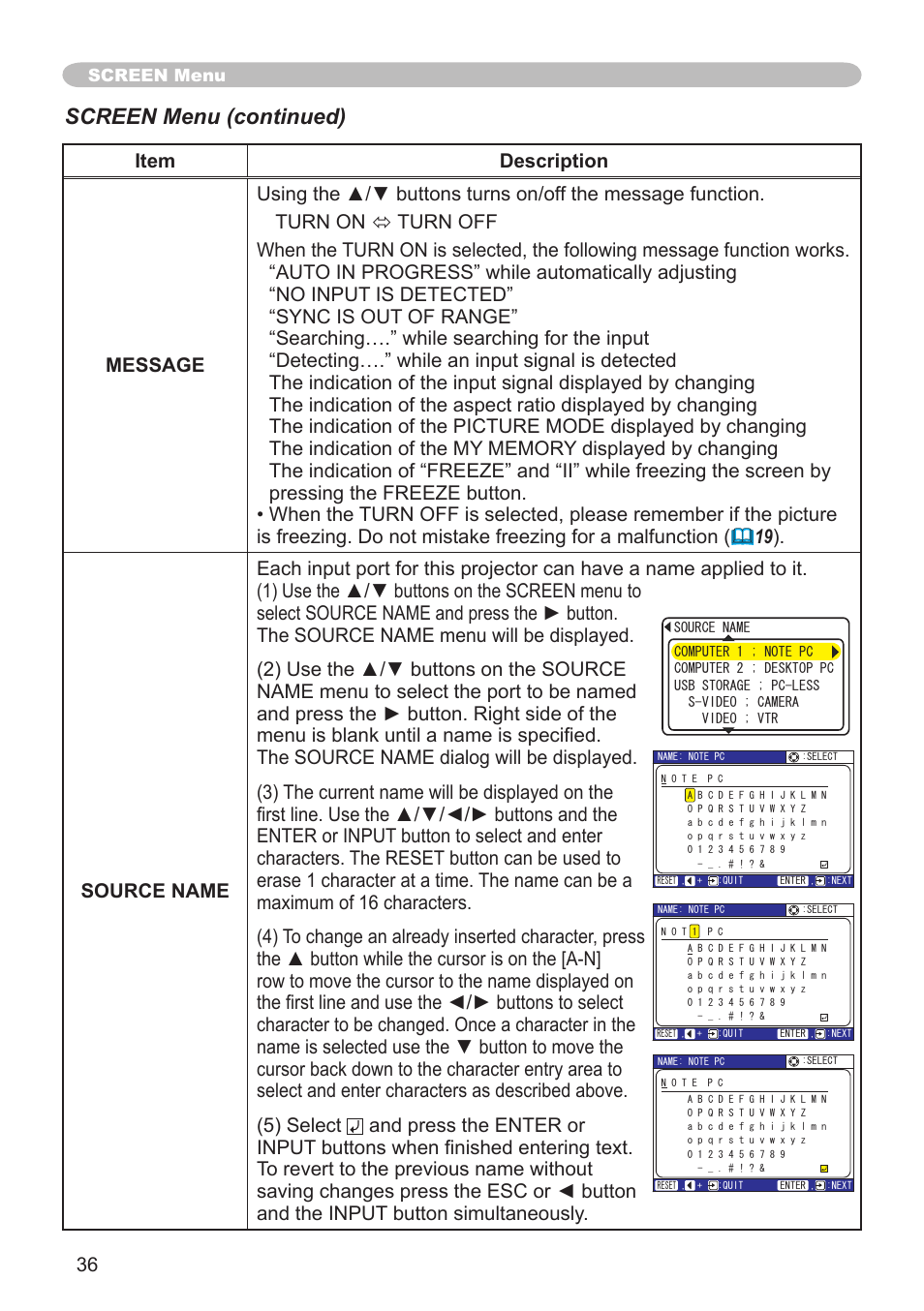 Screen menu (continued) | Hitachi CPX1 User Manual | Page 36 / 66