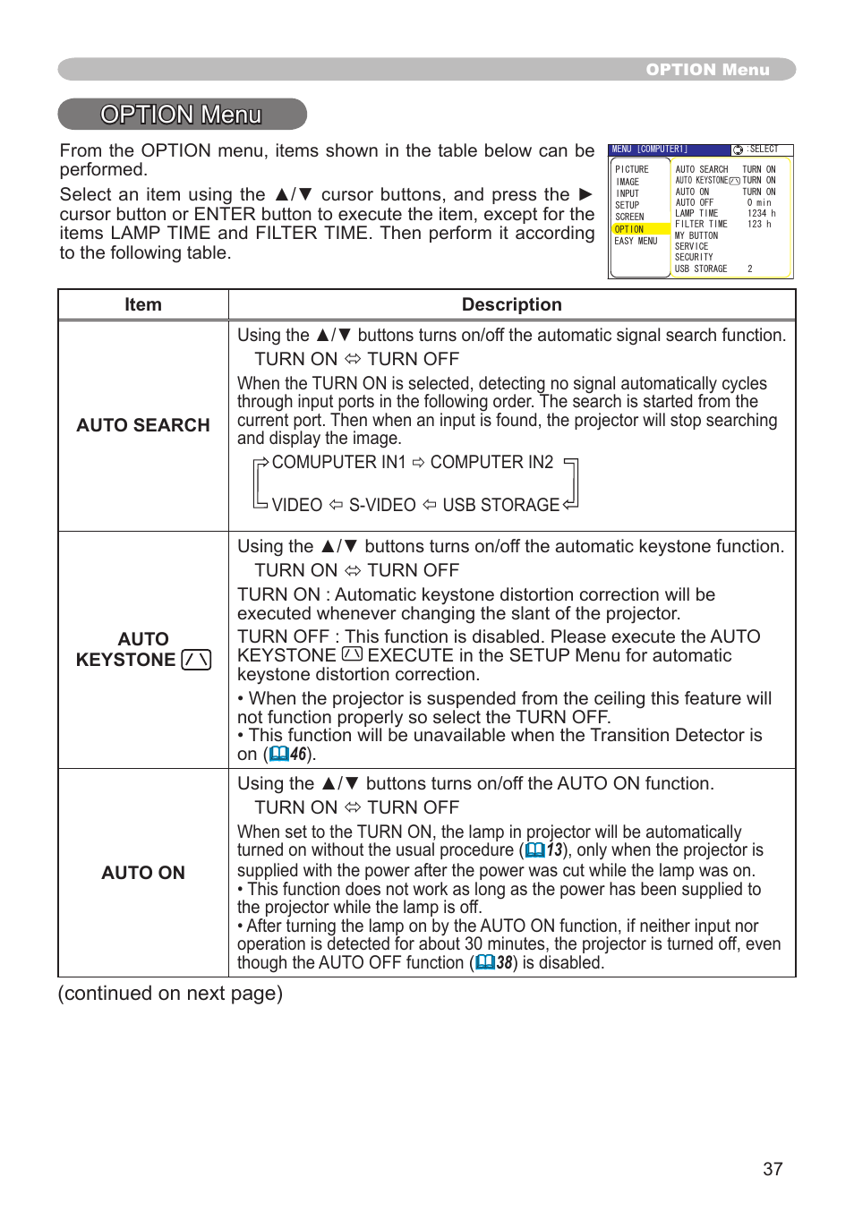 Option menu, Continued on next page) | Hitachi CPX1 User Manual | Page 37 / 66