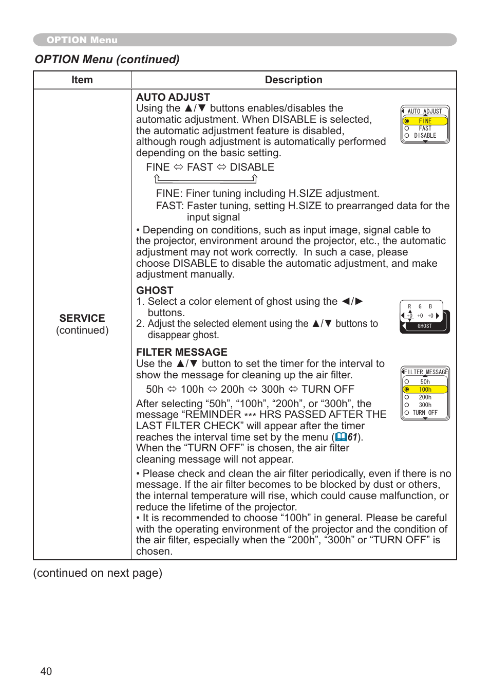 Option menu (continued), Continued on next page) | Hitachi CPX1 User Manual | Page 40 / 66