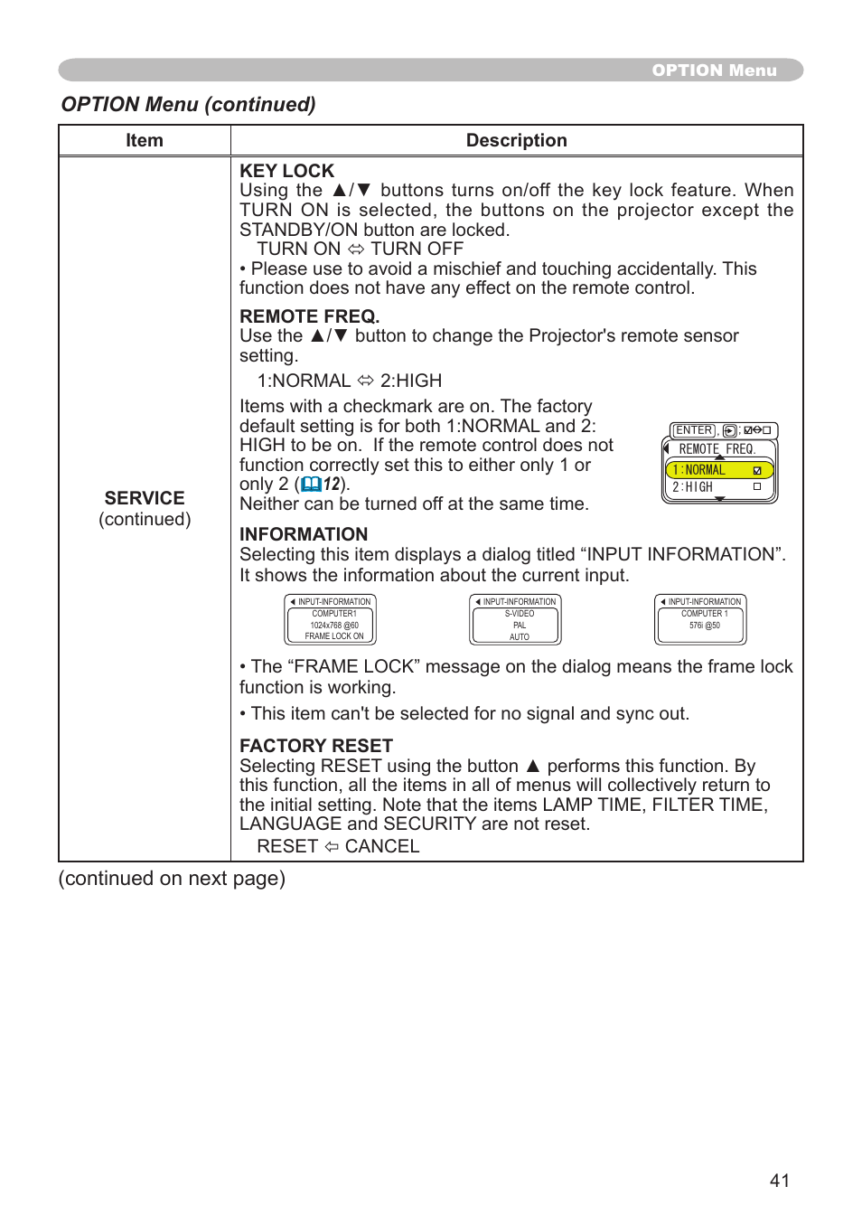 Option menu (continued), Continued on next page) | Hitachi CPX1 User Manual | Page 41 / 66