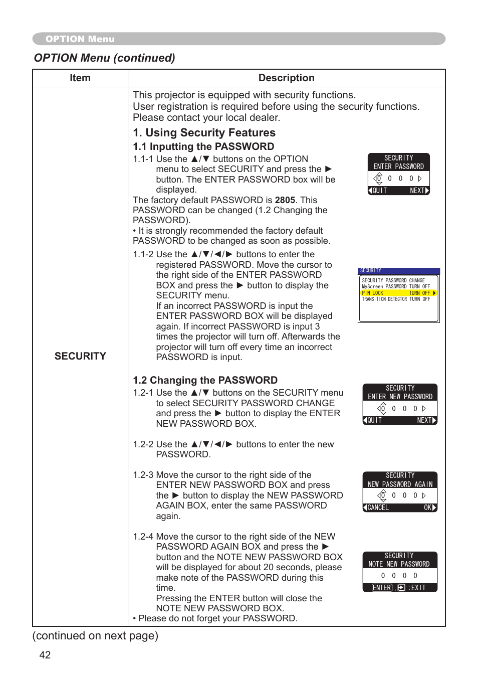 Using security features, Option menu (continued), Continued on next page) | Hitachi CPX1 User Manual | Page 42 / 66