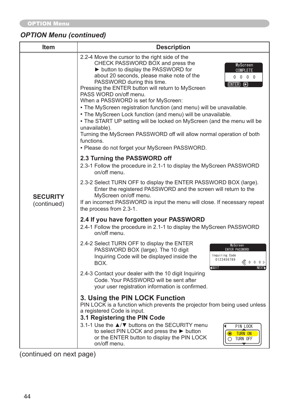 Using the pin lock function, Option menu (continued), Continued on next page) | Hitachi CPX1 User Manual | Page 44 / 66