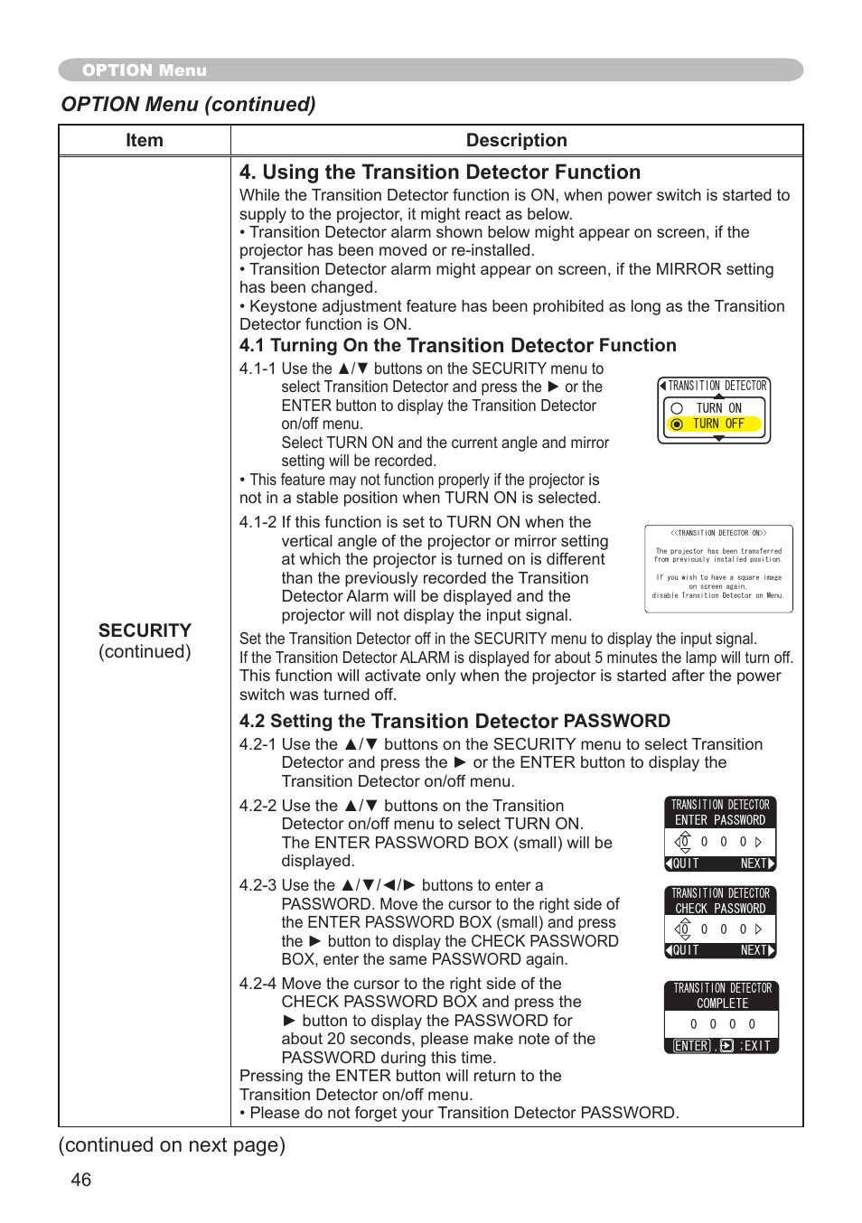 Using the transition detector function, Transition detector, Option menu (continued) | Continued on next page) | Hitachi CPX1 User Manual | Page 46 / 66