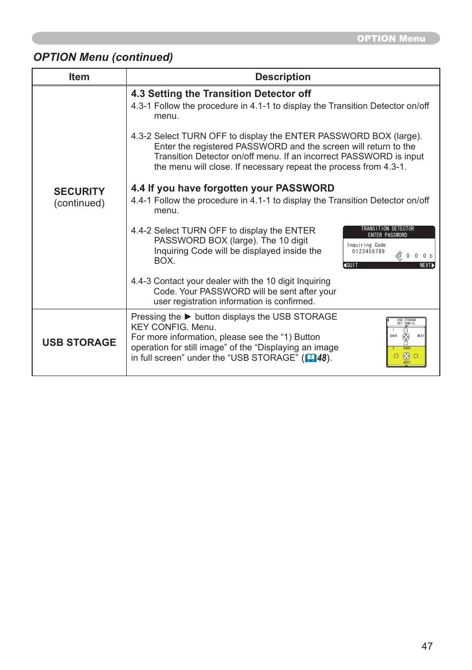 Option menu (continued), 4 if you have forgotten your password, Usb storage | Hitachi CPX1 User Manual | Page 47 / 66