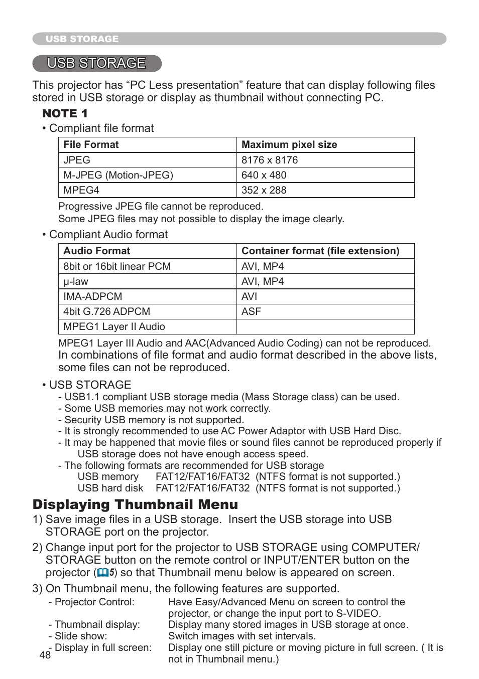 Usb storage, Displaying thumbnail menu | Hitachi CPX1 User Manual | Page 48 / 66