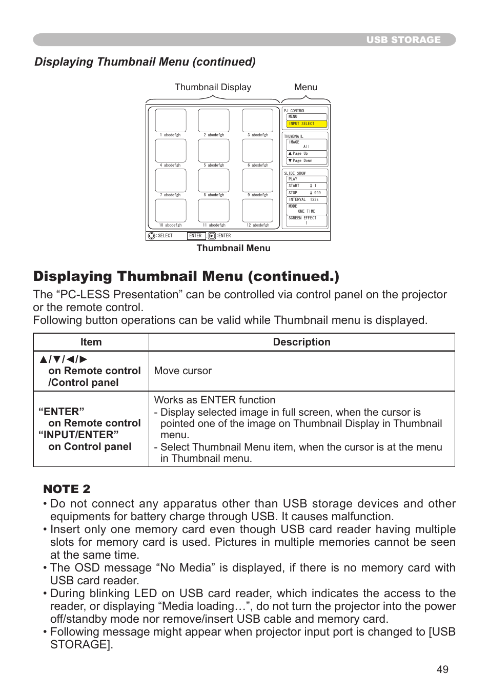Displaying thumbnail menu (continued .), Displaying thumbnail menu (continued), Usb storage | Thumbnail menu thumbnail display menu | Hitachi CPX1 User Manual | Page 49 / 66