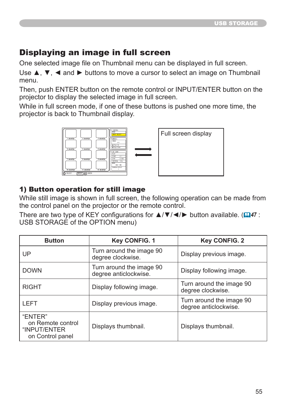 Displaying an image in full screen, Usb storage of the option menu), Full screen display | Usb storage | Hitachi CPX1 User Manual | Page 55 / 66