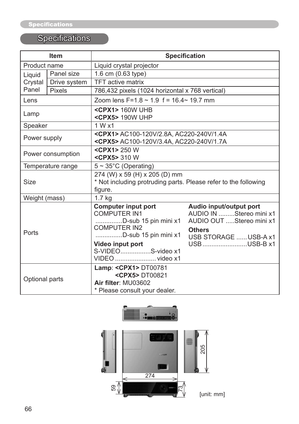 Specifications | Hitachi CPX1 User Manual | Page 66 / 66