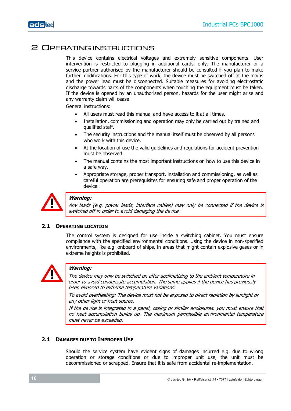 2 operating instructions, 1 operating location, 1 damages due to improper use | Perating instructions | ADS-TEC BPC1000 User Manual | Page 10 / 24