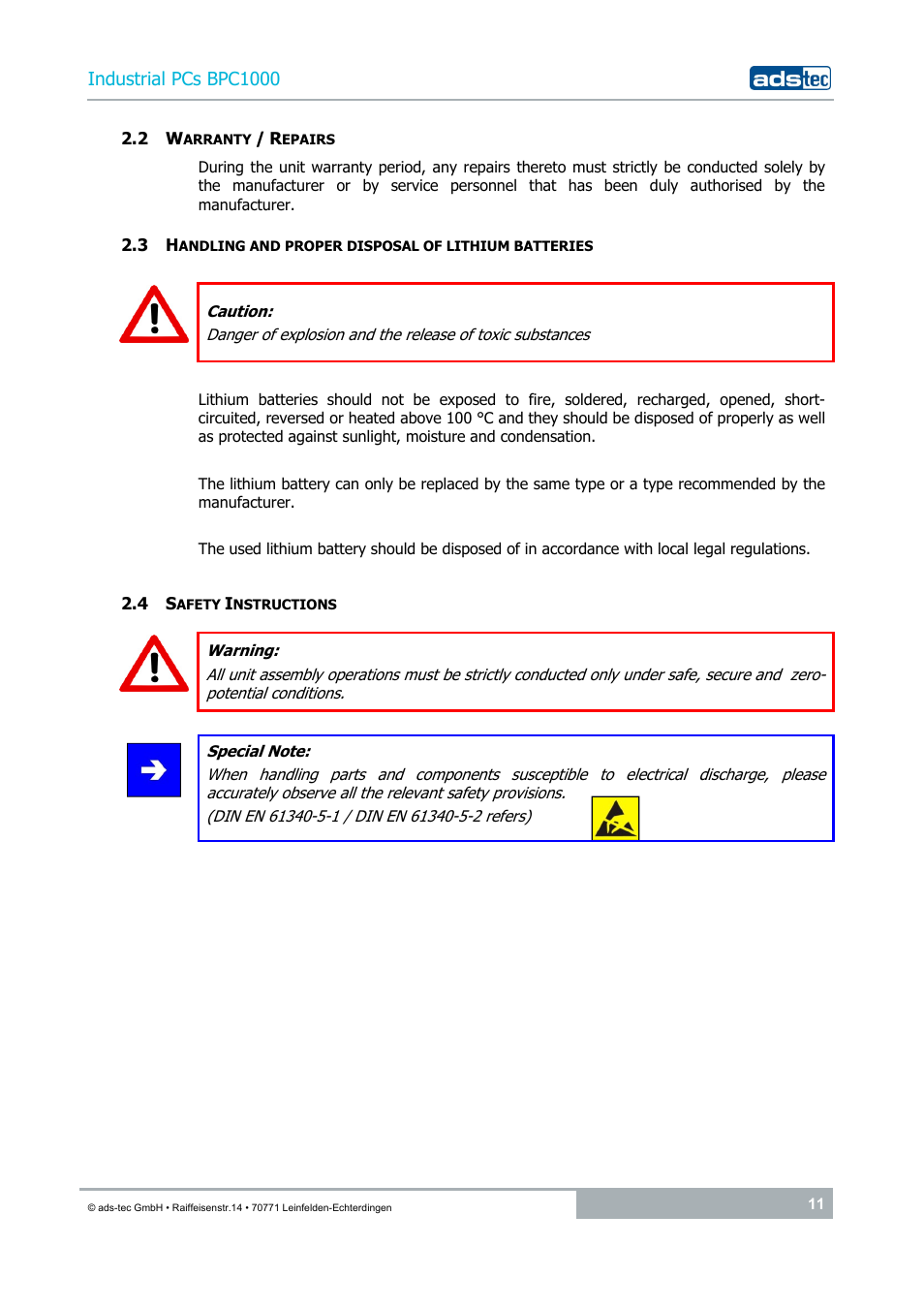 2 warranty / repairs, 4 safety instructions | ADS-TEC BPC1000 User Manual | Page 11 / 24