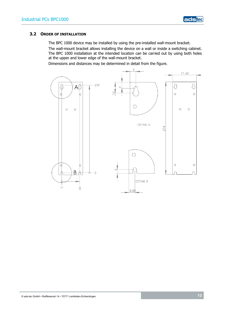 2 order of installation, Industrial pcs bpc1000 | ADS-TEC BPC1000 User Manual | Page 13 / 24