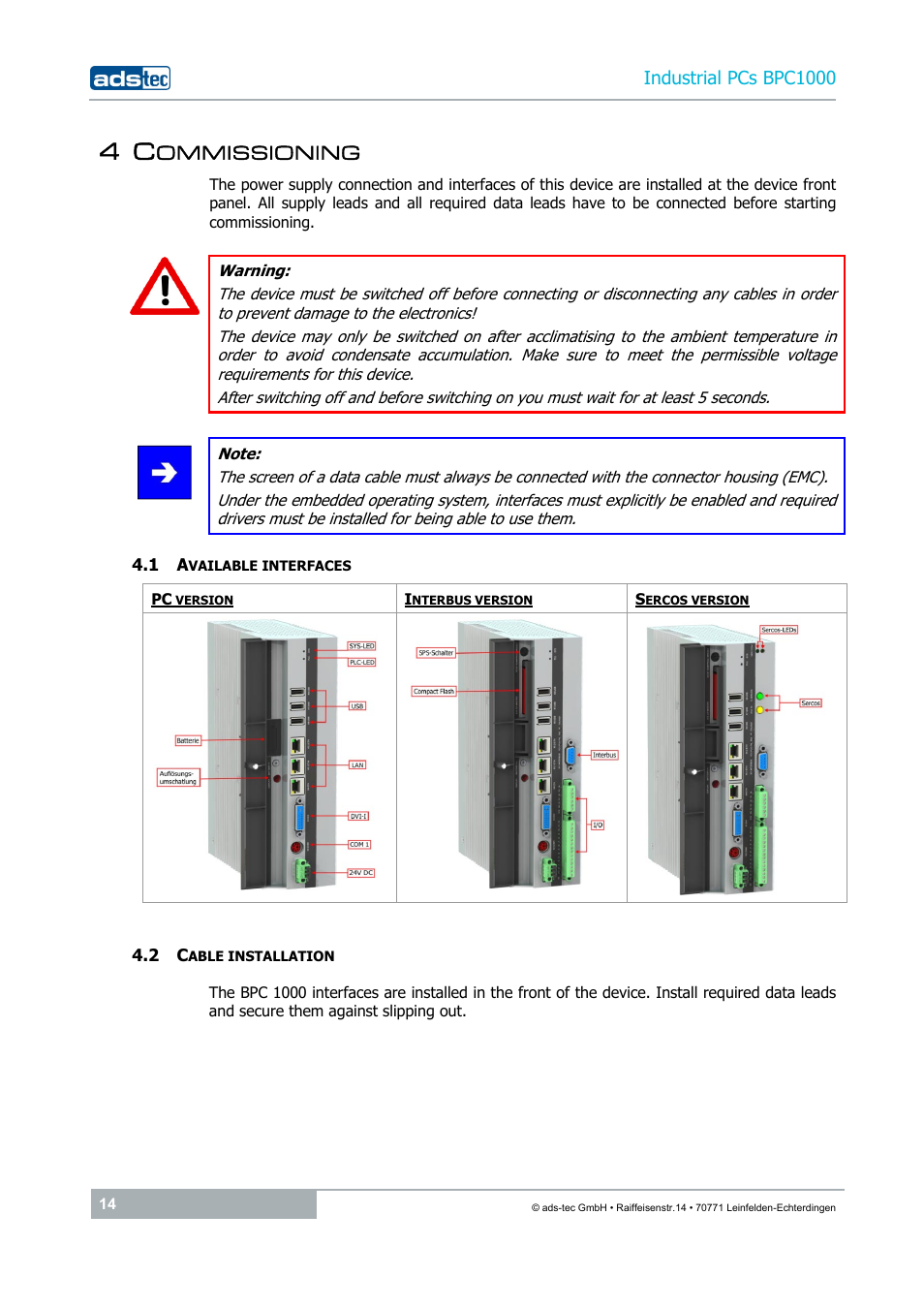 4 commissioning, 1 available interfaces, 2 cable installation | Ommissioning | ADS-TEC BPC1000 User Manual | Page 14 / 24