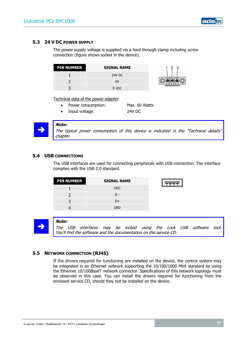 3 24 v dc power supply, 4 usb connections, 5 network connection (rj45) | Industrial pcs bpc1000 | ADS-TEC BPC1000 User Manual | Page 17 / 24