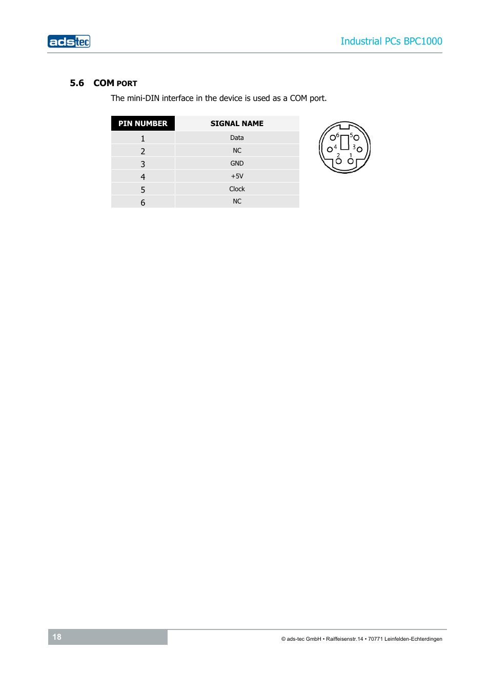 6 com port, Industrial pcs bpc1000 | ADS-TEC BPC1000 User Manual | Page 18 / 24