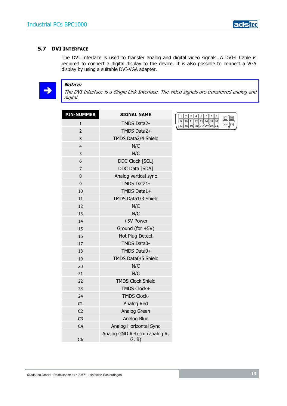 7 dvi interface, Industrial pcs bpc1000 | ADS-TEC BPC1000 User Manual | Page 19 / 24