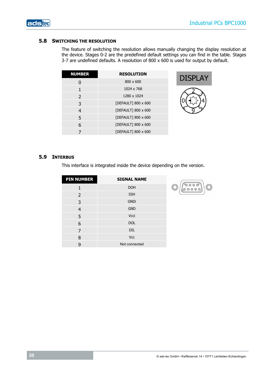 8 switching the resolution, 9 interbus, Industrial pcs bpc1000 | ADS-TEC BPC1000 User Manual | Page 20 / 24