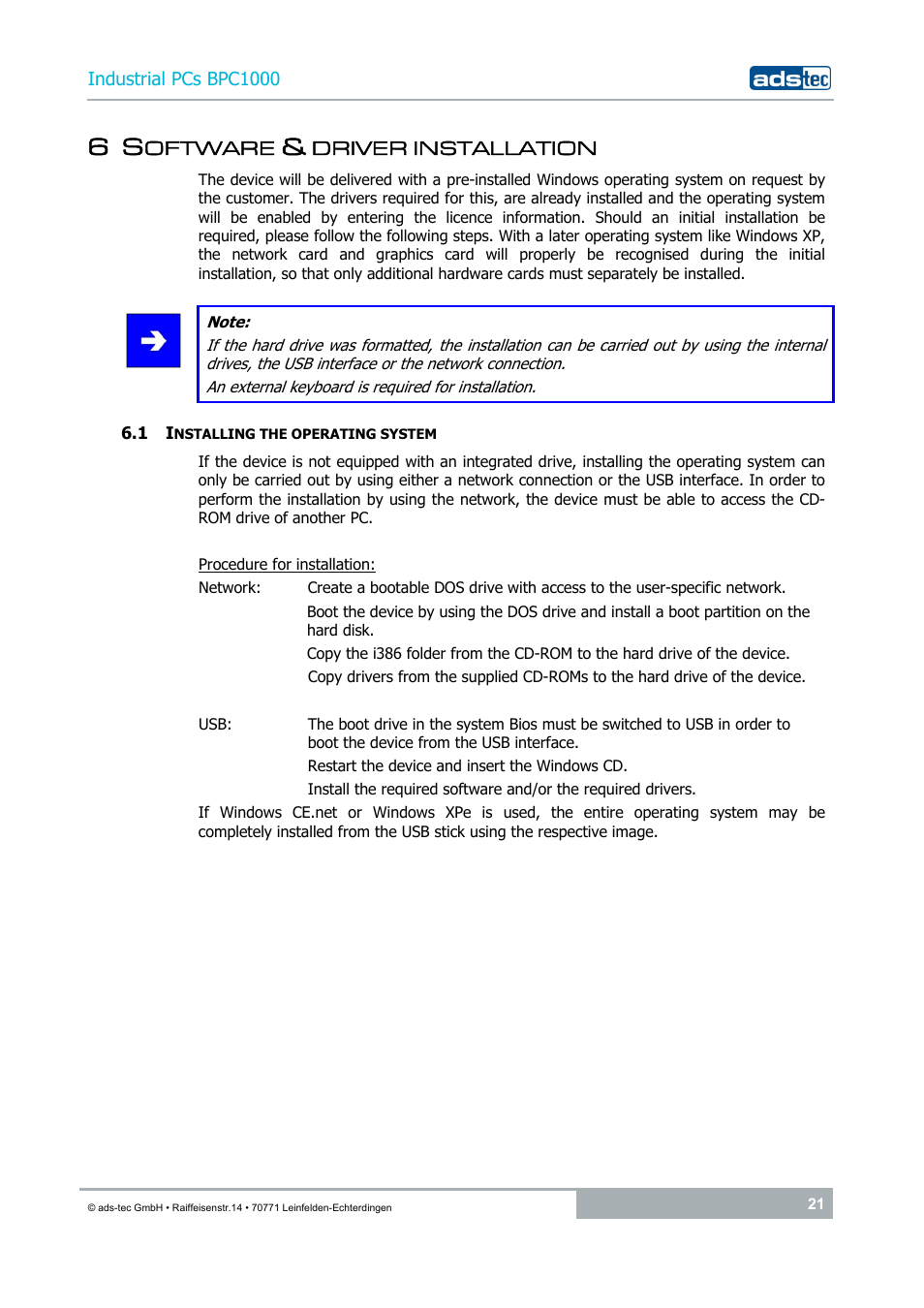 6 software & driver installation, 1 installing the operating system | ADS-TEC BPC1000 User Manual | Page 21 / 24