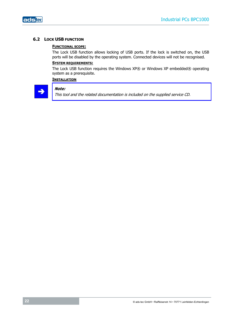 2 lock usb function, Industrial pcs bpc1000 | ADS-TEC BPC1000 User Manual | Page 22 / 24