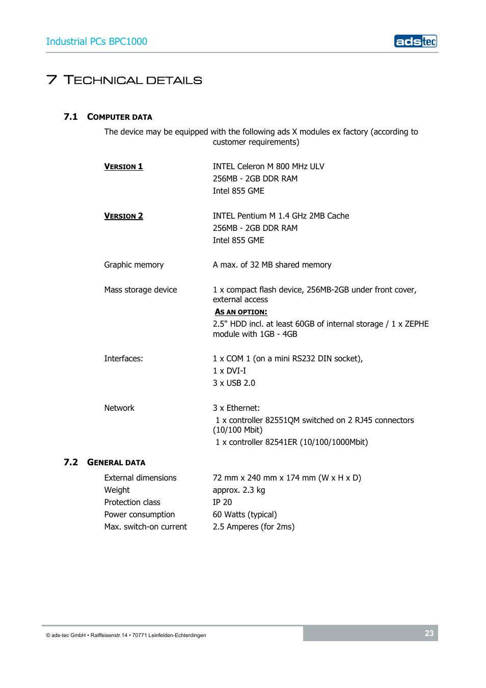 7 technical details, 1 computer data, 2 general data | Echnical details | ADS-TEC BPC1000 User Manual | Page 23 / 24