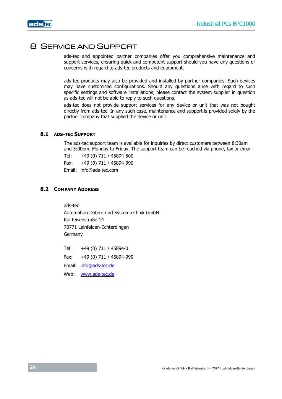 8 service and support, 1 ads-tec support, 2 company address | ADS-TEC BPC1000 User Manual | Page 24 / 24