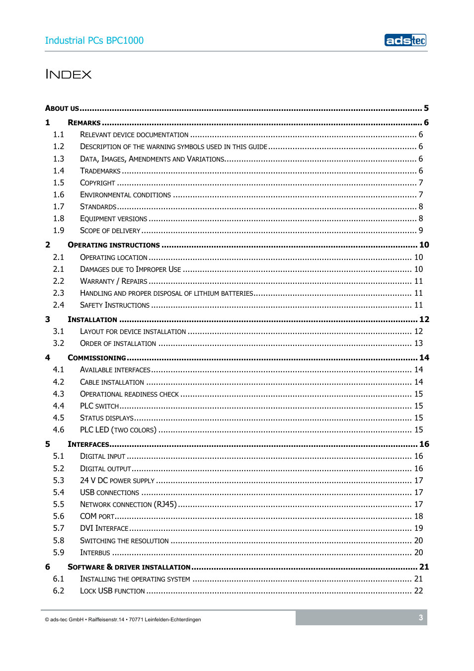 Ndex | ADS-TEC BPC1000 User Manual | Page 3 / 24
