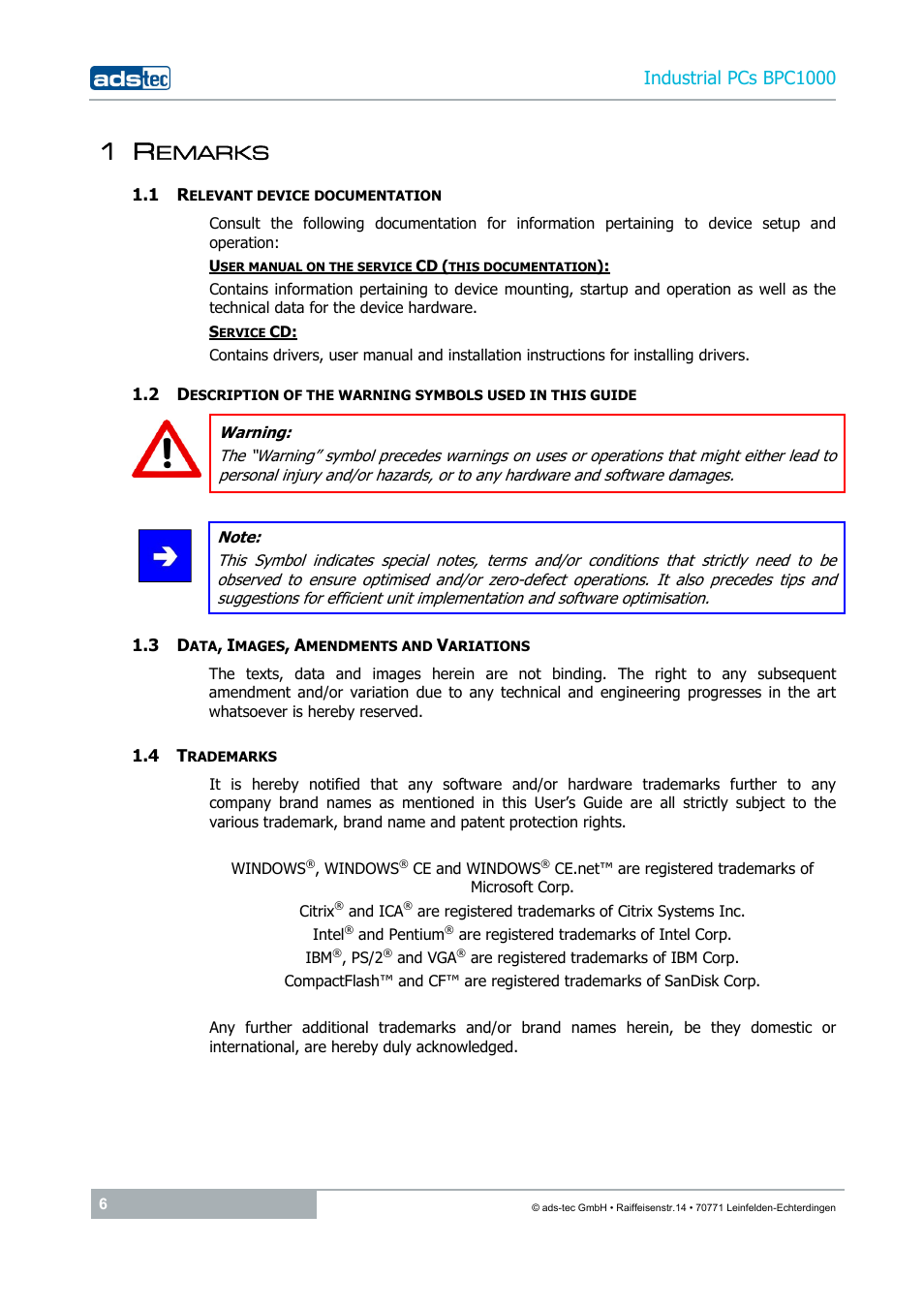 1 remarks, 1 relevant device documentation, 3 data, images, amendments and variations | 4 trademarks, Emarks, Industrial pcs bpc1000 | ADS-TEC BPC1000 User Manual | Page 6 / 24